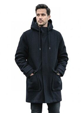 Topman Lined Lightweight Black Wool Hooded Parka, Men's Size XS